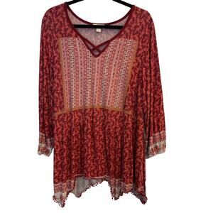 One World Boho Paisley Knit Tunic Top Red Pom Pom Hem Plus Size 2X